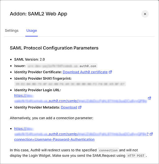 Screenshot of the Addon SAML2 Web App window.